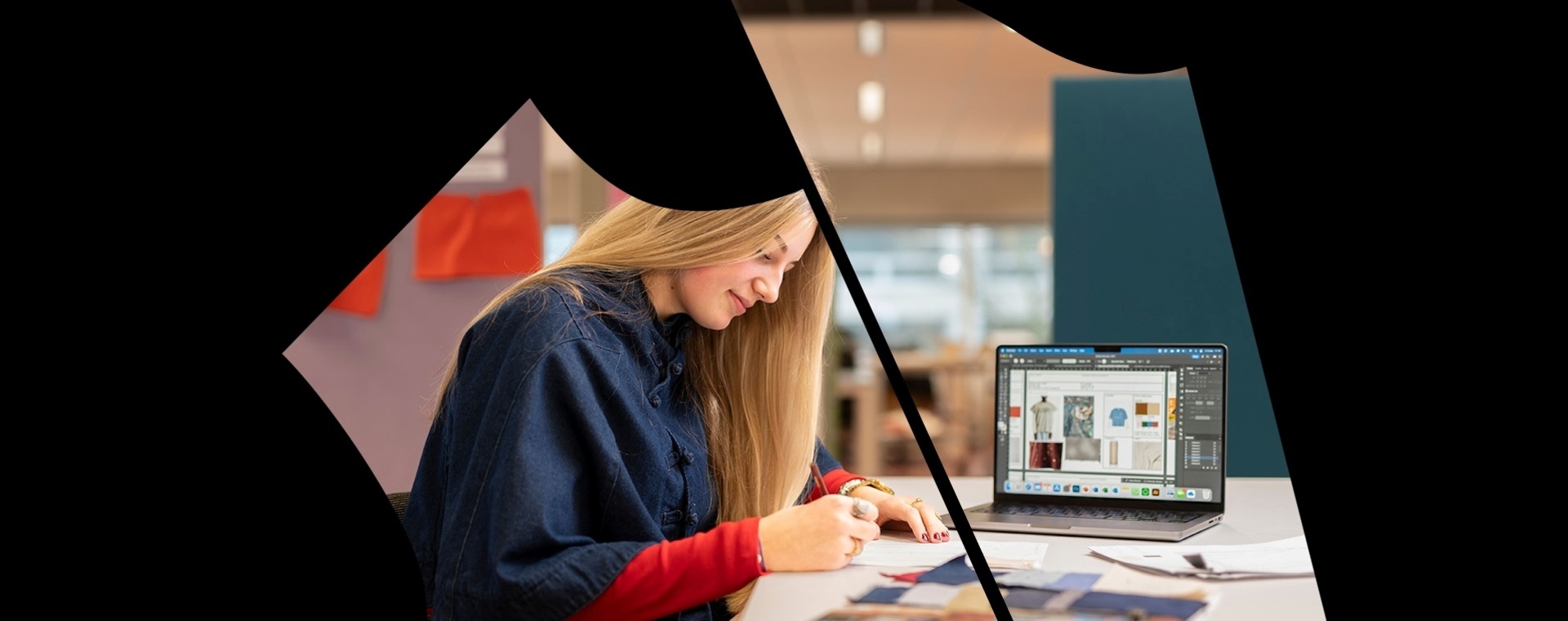 Student Fashion is bezig met een ontwerp achter de laptop