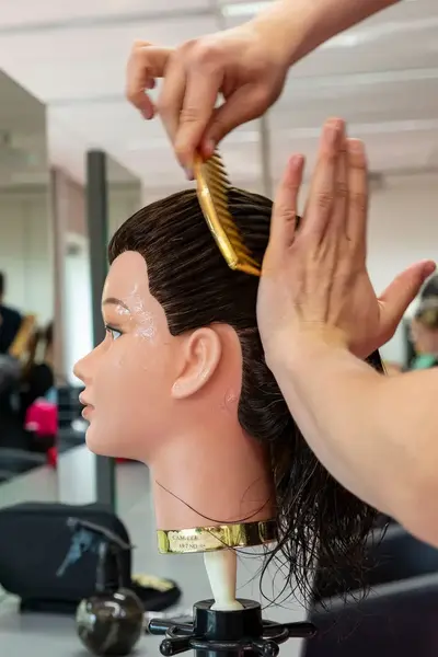 Student kapper kamt haar kapperspop in klaslokaal